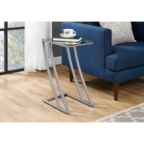 Accent Table in Silver Metal w/ Tempered Glass